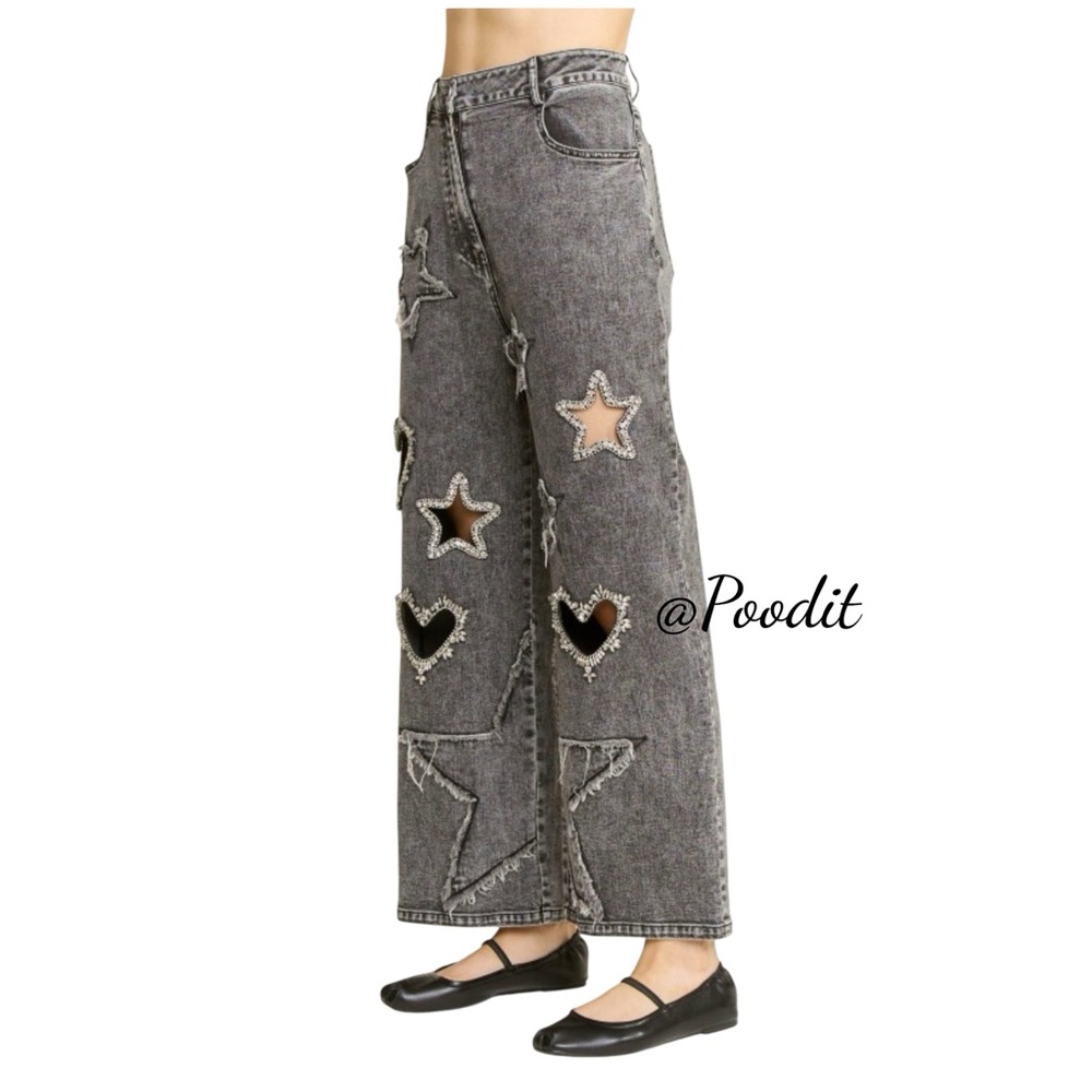 J. HER cut out rhinestone hearts & stars wide leg loose fit style jeans sz SMALL - Picture 5 of 7